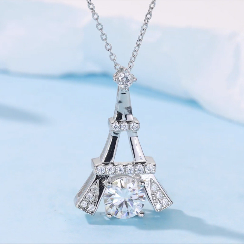 Tower Silhouette Moissanite Pave Pendant Necklace | Round Brilliant Center - Image 4