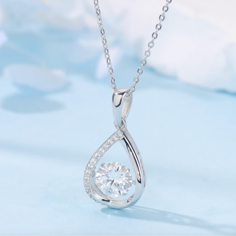 Round Moissanite Floating Teardrop Pendant Necklace - Image 4