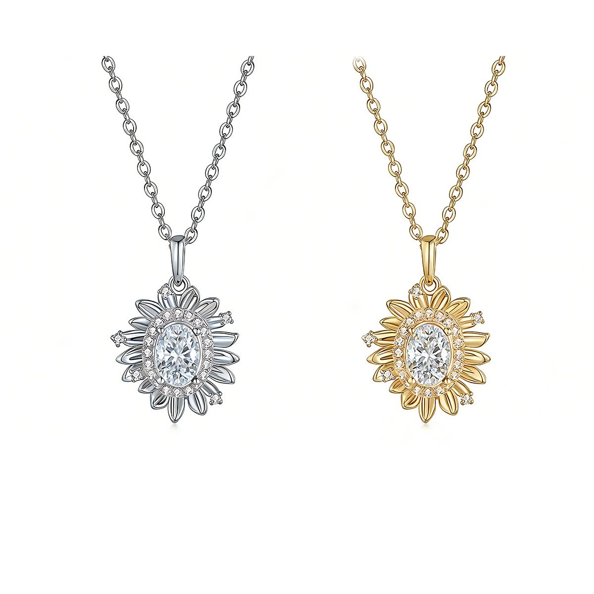 Moissanite Oval Sunflower Halo Necklace | Oval-Cut Pavé Pendant in 925 Silver