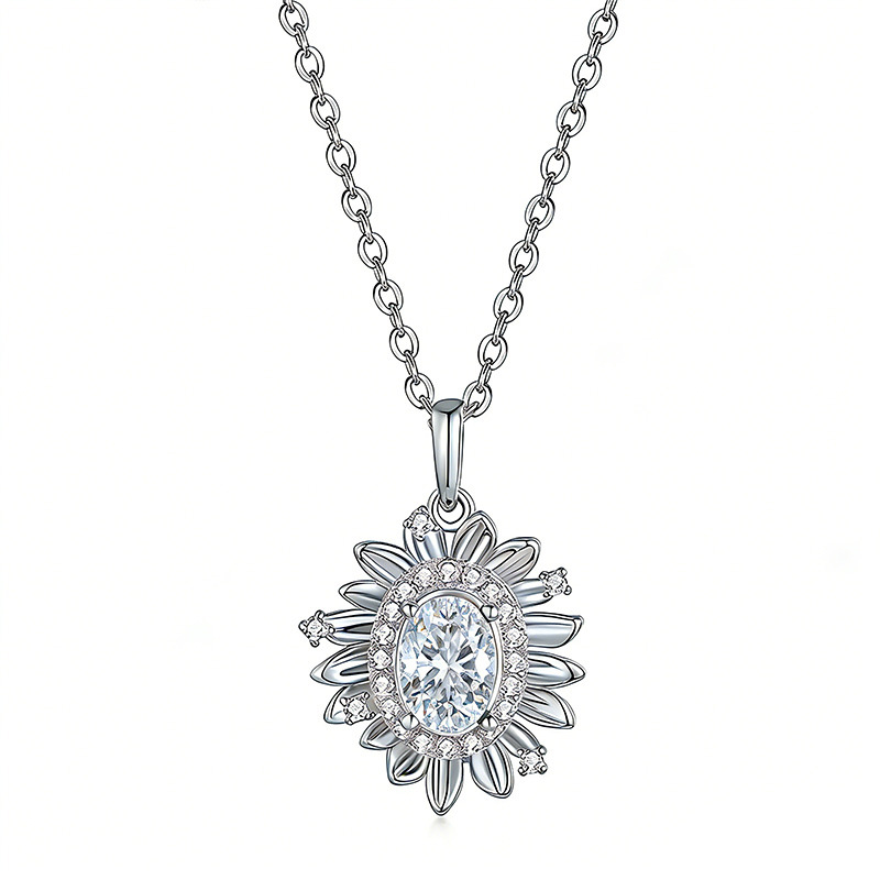 Moissanite Oval Sunflower Halo Necklace | Oval-Cut Pavé Pendant in 925 Silver - Image 2