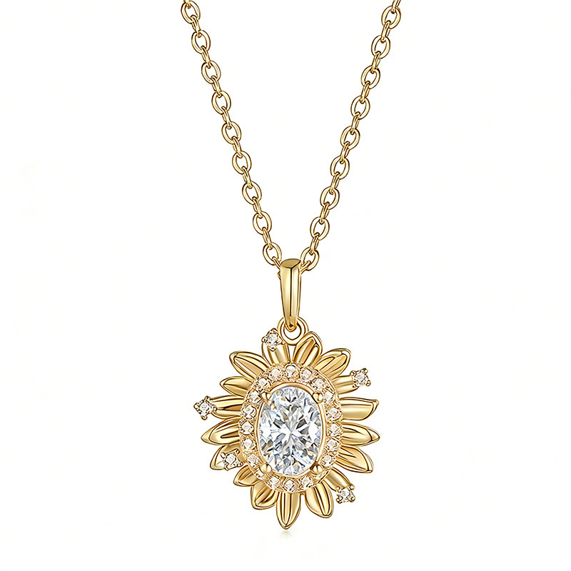 Moissanite Oval Sunflower Halo Necklace | Oval-Cut Pavé Pendant in 925 Silver - Image 3