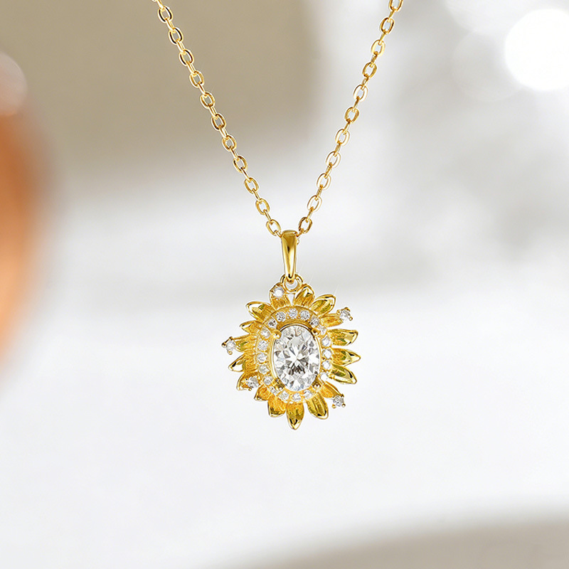 Moissanite Oval Sunflower Halo Necklace | Oval-Cut Pavé Pendant in 925 Silver - Image 4