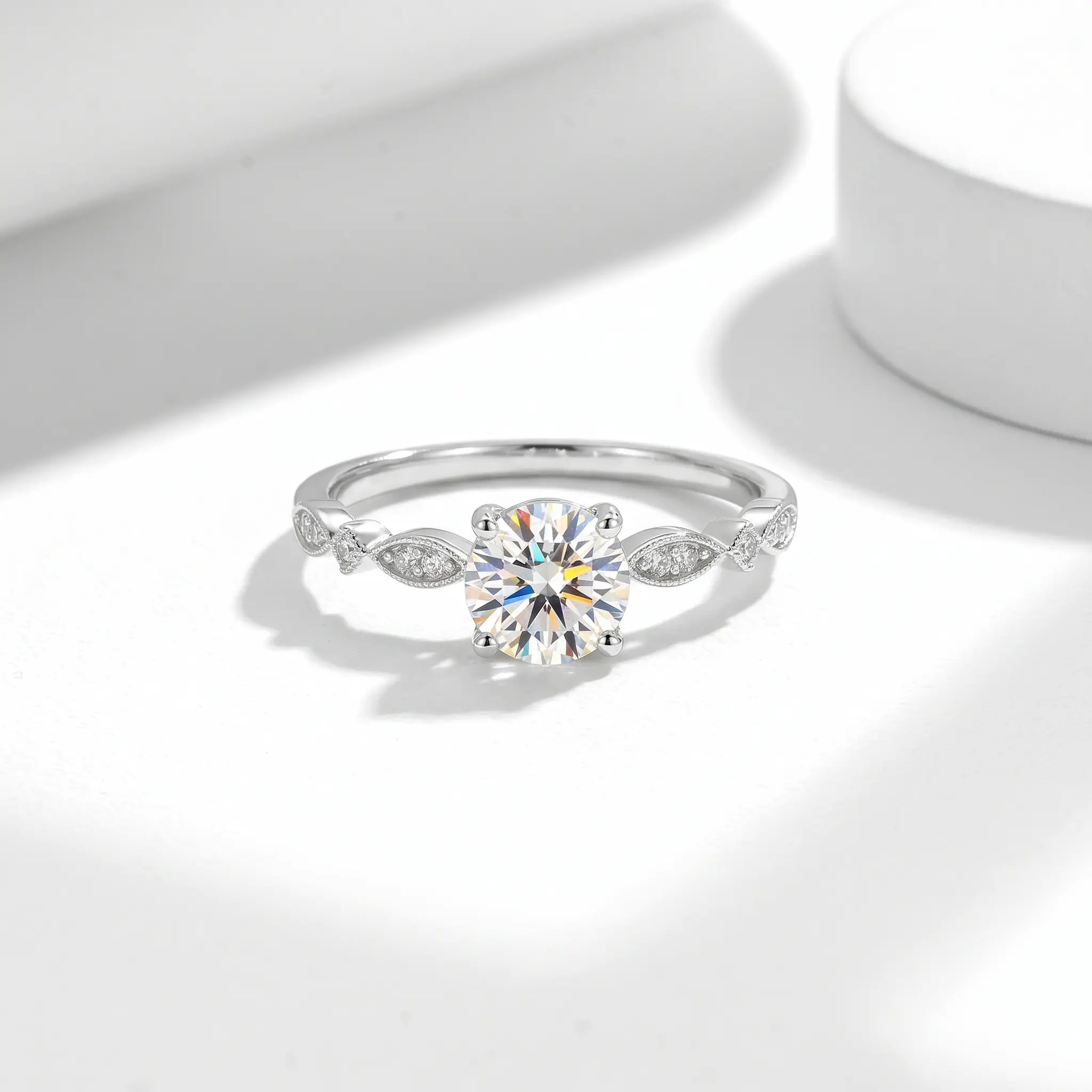 Round Moissanite Vintage Milgrain Ring | Dainty Marquise-Station Band - Image 4