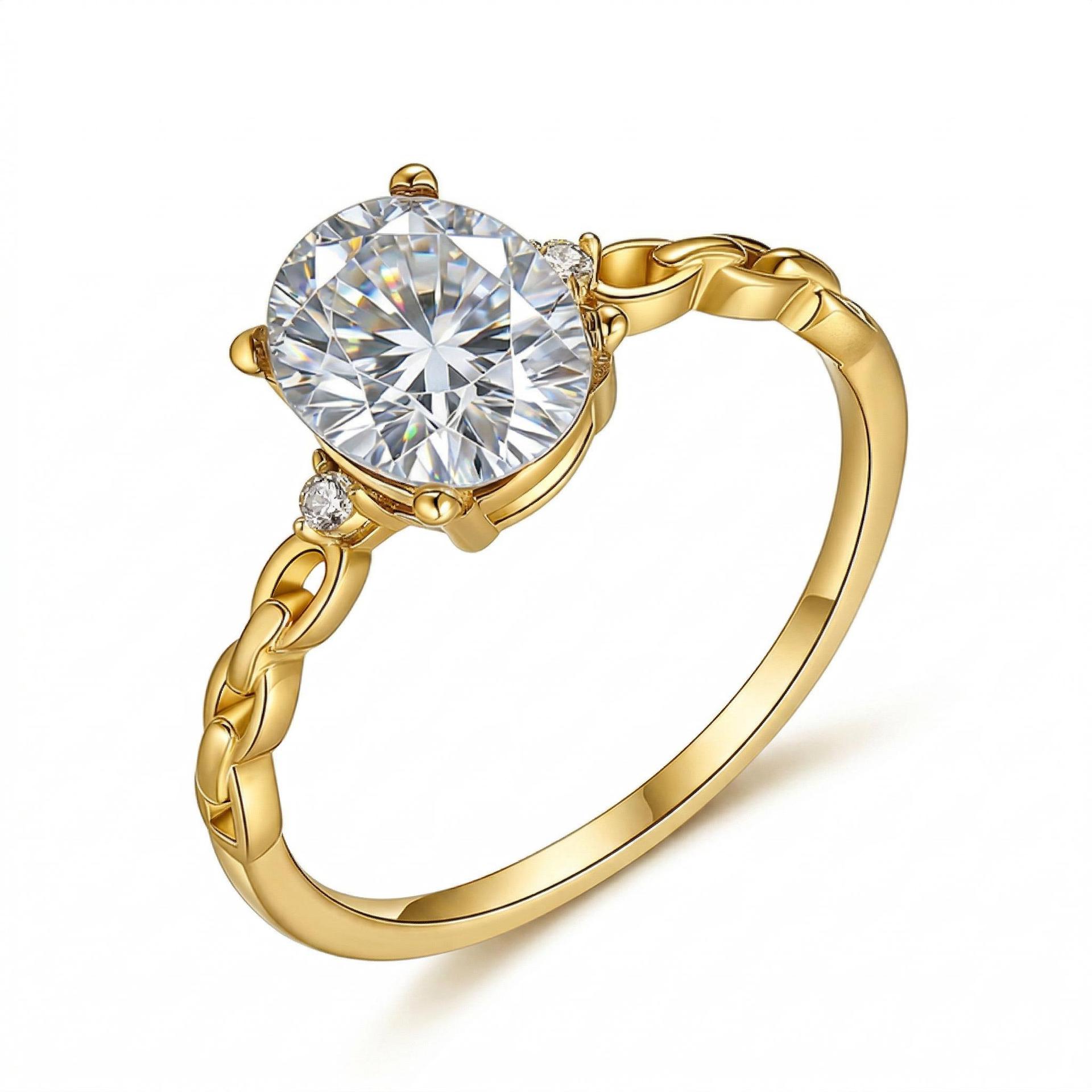 Oval Moissanite Solitaire Ring with Interlocking-Link Band - Image 3