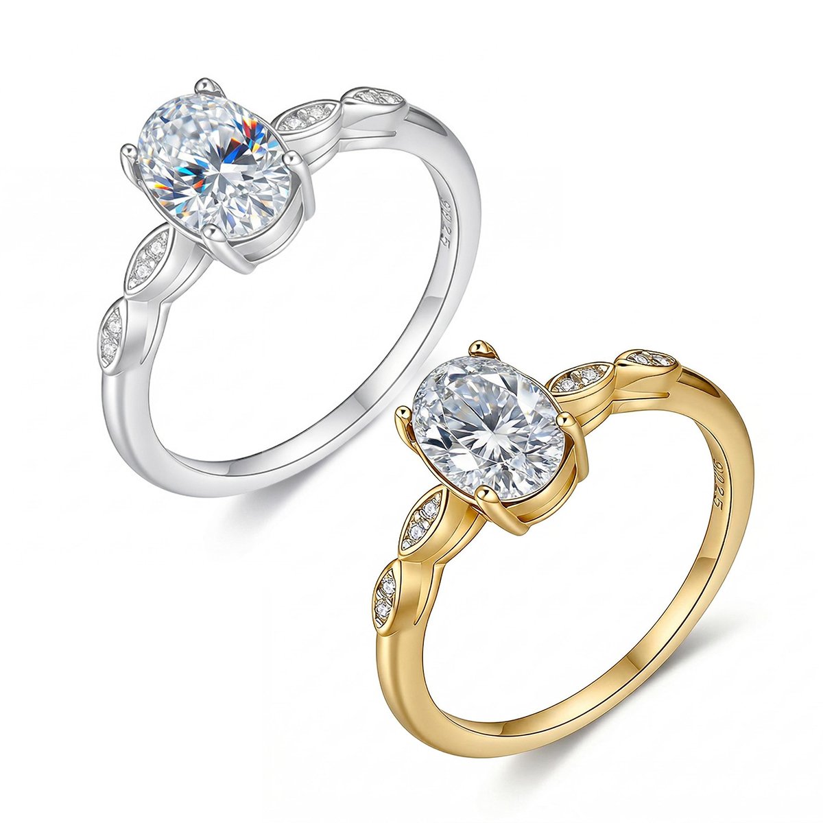 Oval Moissanite Leaf-Shoulder Solitaire Ring | 1.5ct DEW 8x6mm | 925 Silver
