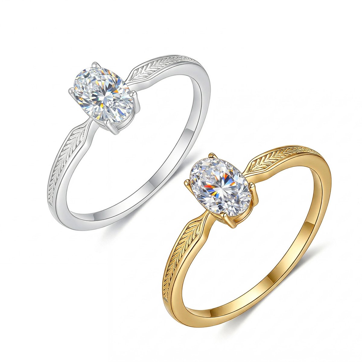 Oval Moissanite Engraved Feather Band Solitaire Ring