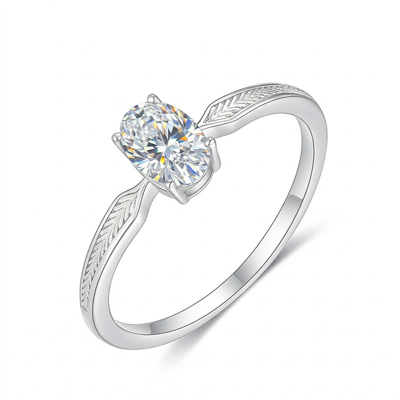 Oval Moissanite Engraved Feather Band Solitaire Ring - Image 2