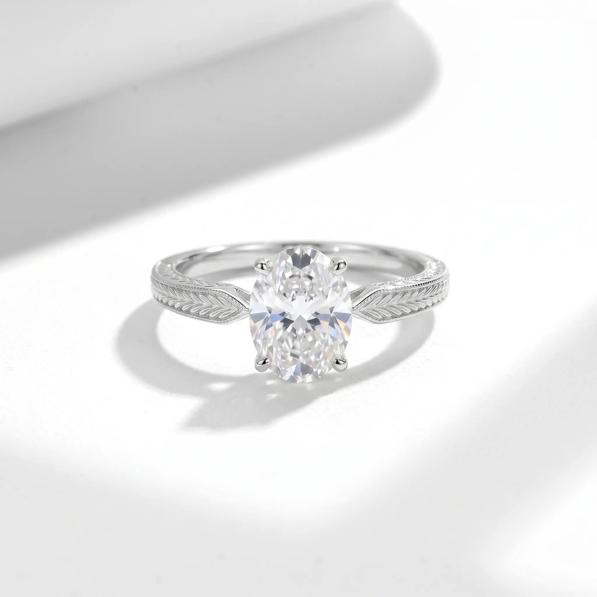 Oval Moissanite Engraved Feather Band Solitaire Ring - Image 4