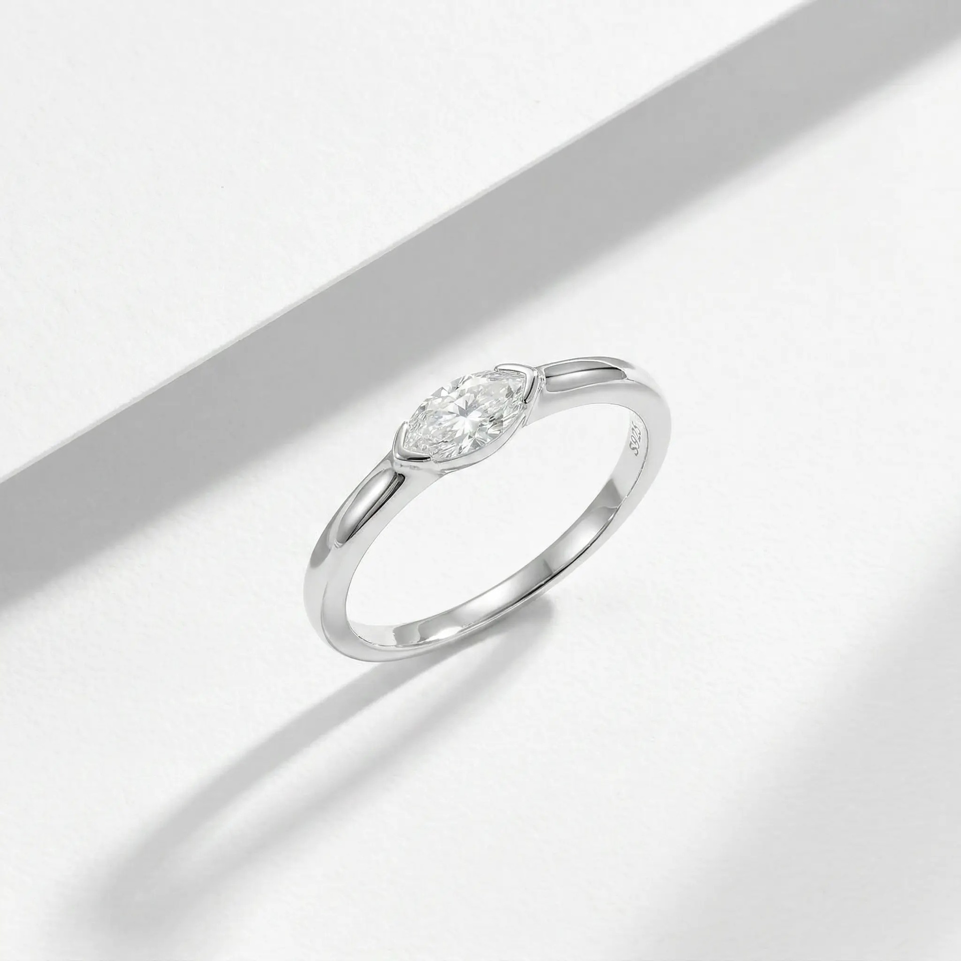 East-West Marquise Moissanite Solitaire Ring | Half-Bezel Sterling Silver - Image 4
