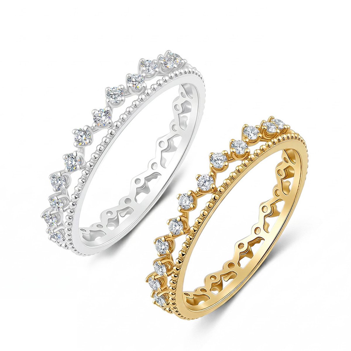 Moissanite Crown Tiara Stacking Ring | Milgrain Filigree Band in 18K Gold over Silver