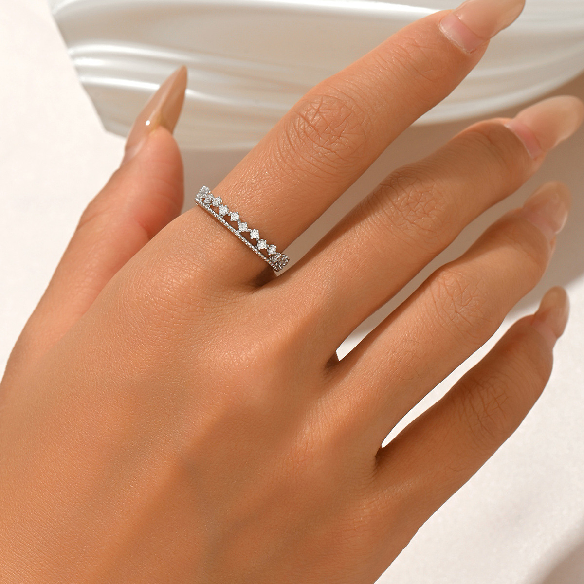 Moissanite Crown Tiara Stacking Ring | Milgrain Filigree Band in 18K Gold over Silver - Image 5