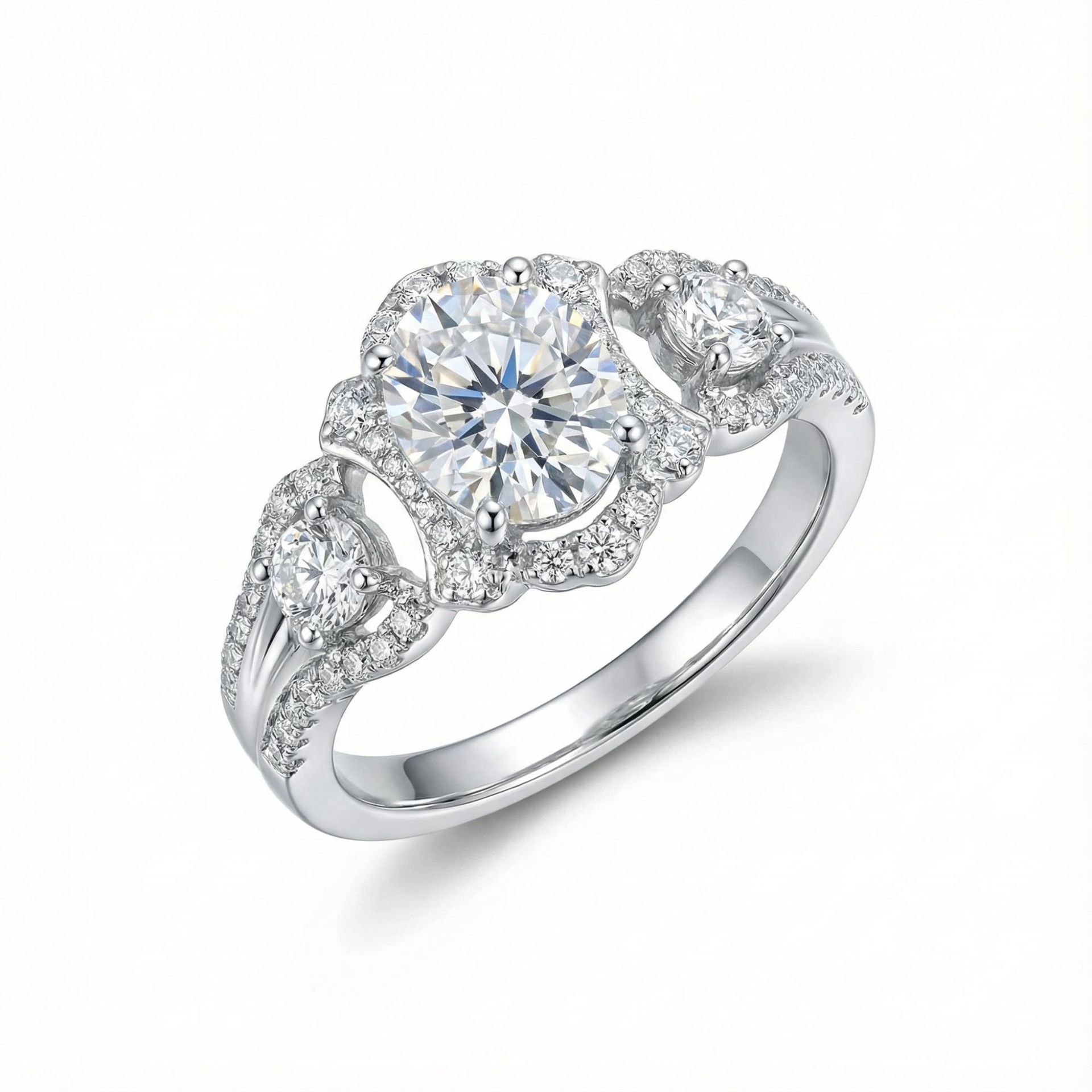 1.5ct Oval Moissanite Three-Stone Halo Ring