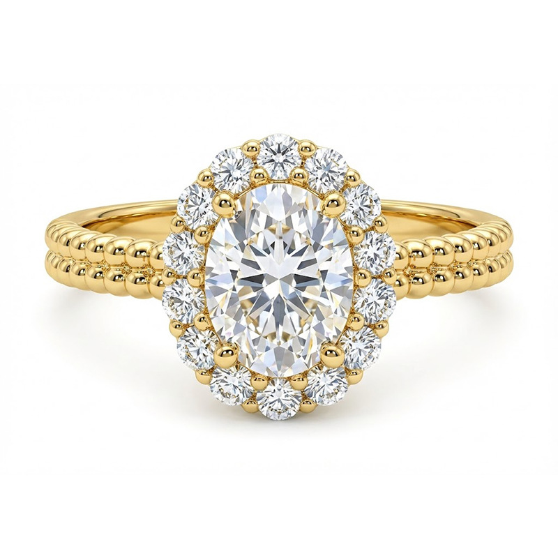 Oval Moissanite Halo Ring | Beaded Double-Row Band | 1.5 DEW