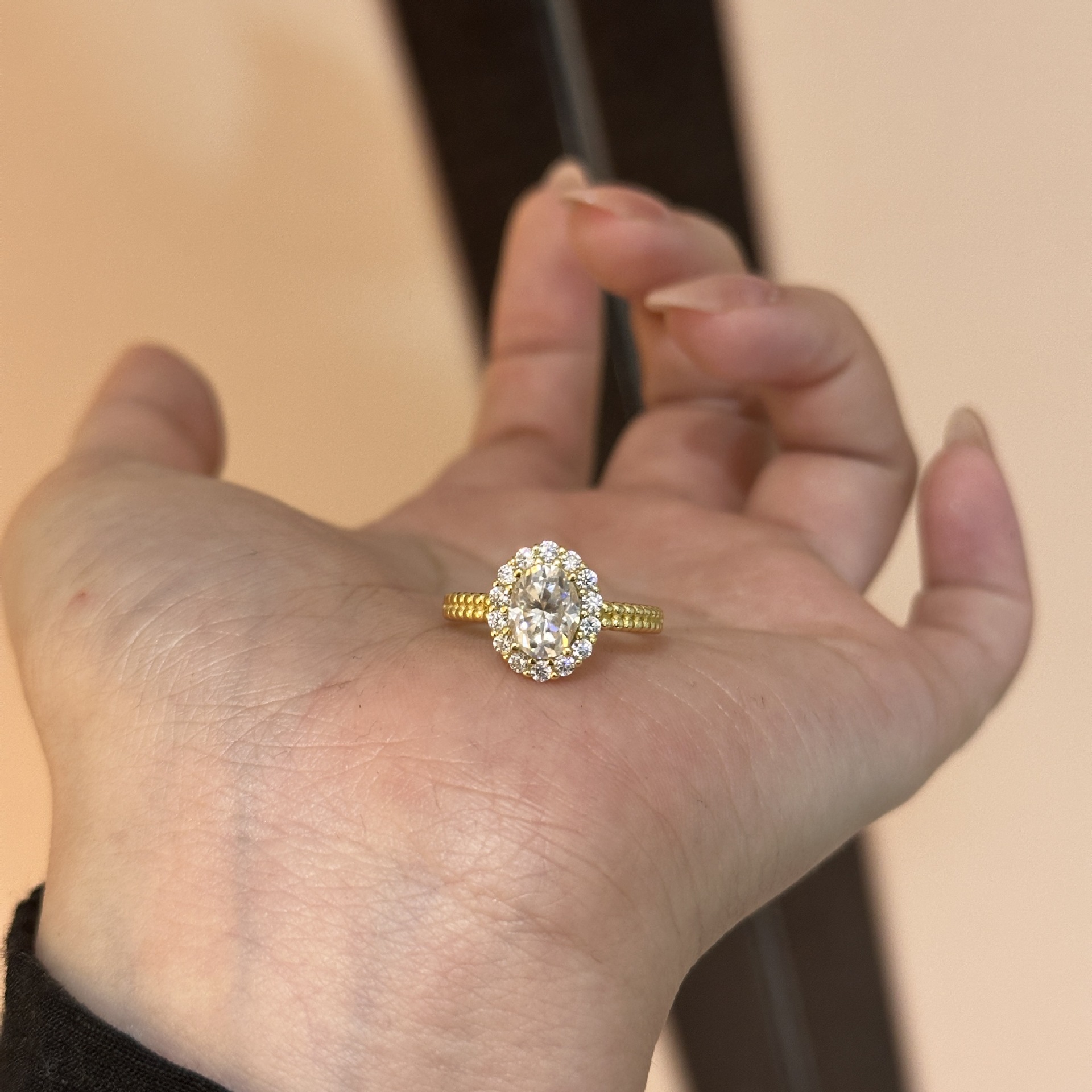 Oval Moissanite Halo Ring | Beaded Double-Row Band | 1.5 DEW - Image 3