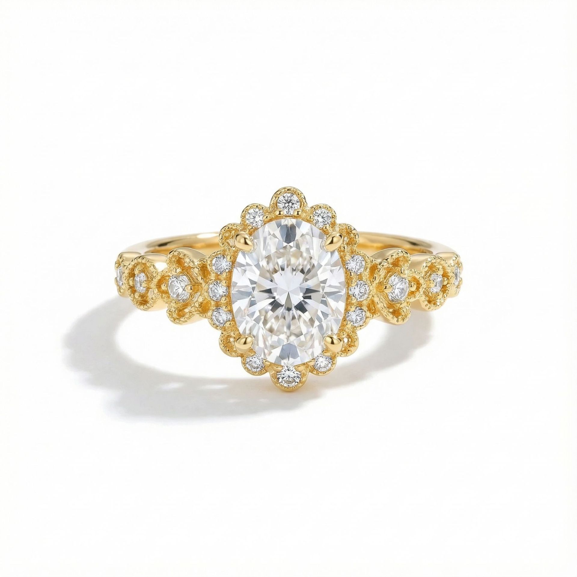 2ct Oval Moissanite Vintage Floral Halo Ring | 18K Yellow Gold-Plated Silver