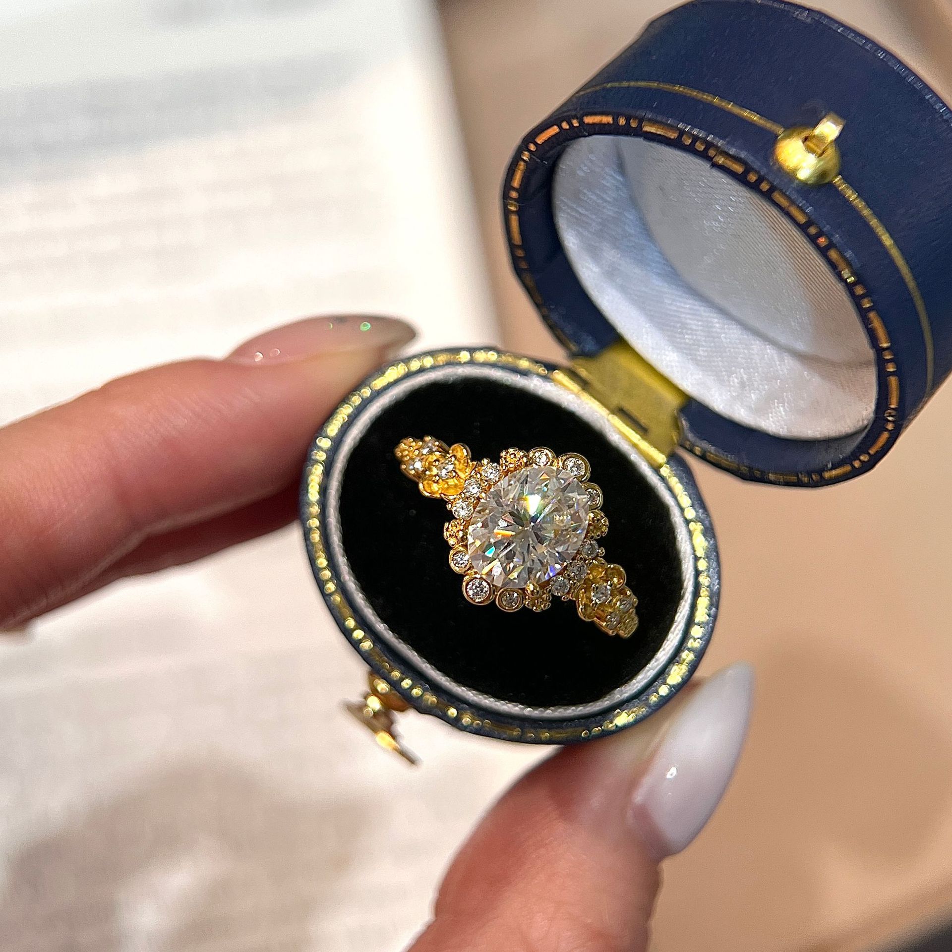2ct Oval Moissanite Vintage Floral Halo Ring | 18K Yellow Gold-Plated Silver - Image 3