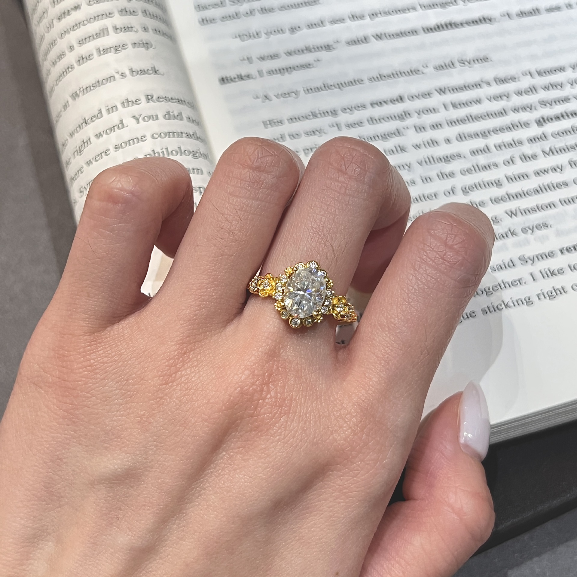 2ct Oval Moissanite Vintage Floral Halo Ring | 18K Yellow Gold-Plated Silver - Image 4