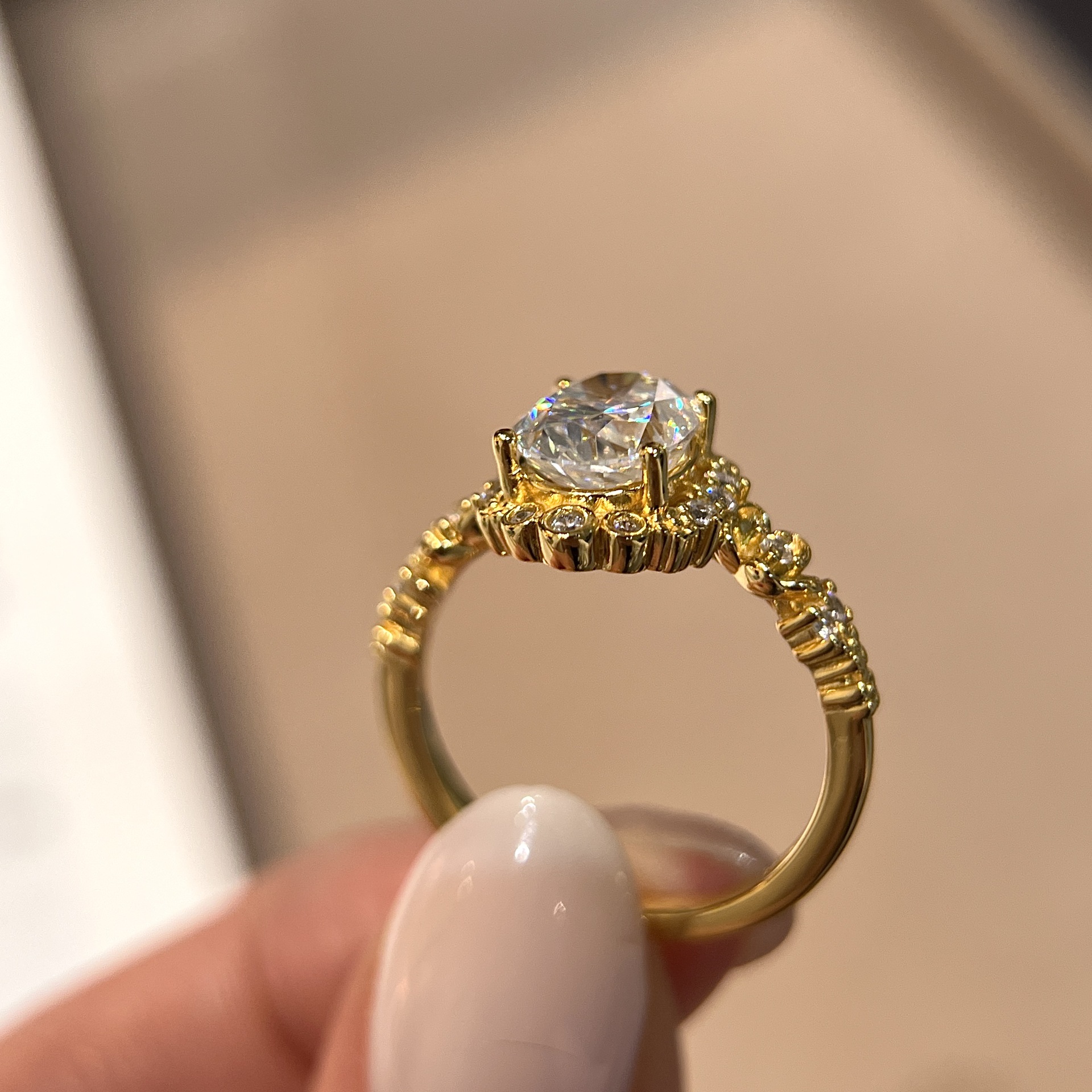 2ct Oval Moissanite Vintage Floral Halo Ring | 18K Yellow Gold-Plated Silver - Image 5
