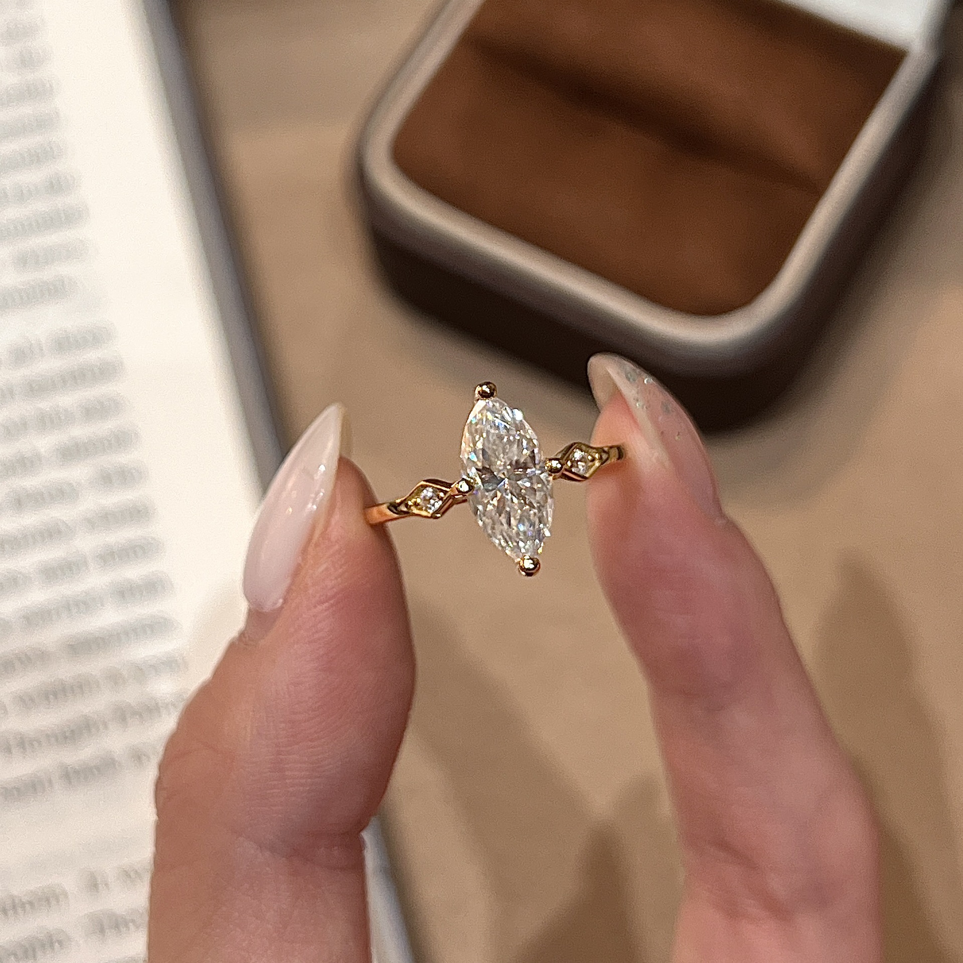 Marquise-Cut French Vintage Moissanite Ring | 2ct DEW | Yellow Gold - Image 2