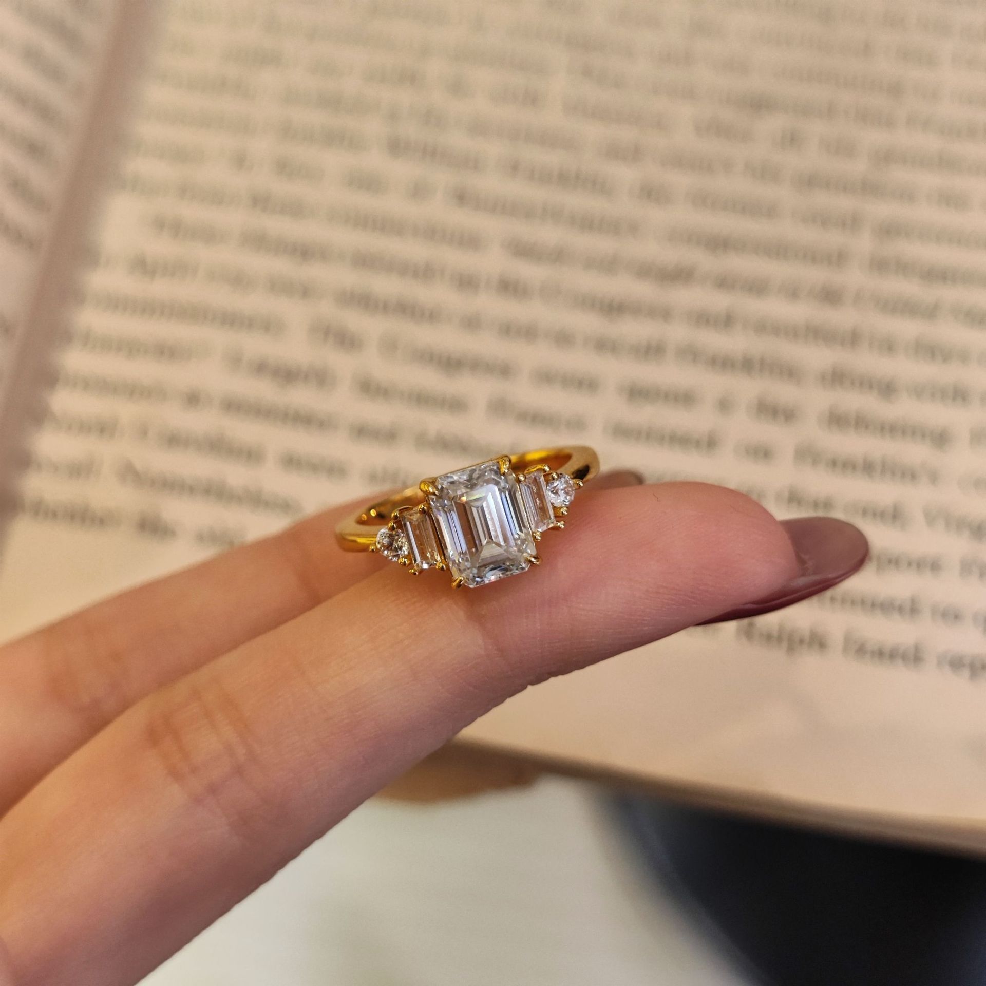 Emerald-Cut Five-Stone Yellow Gold Moissanite Ring - Image 2
