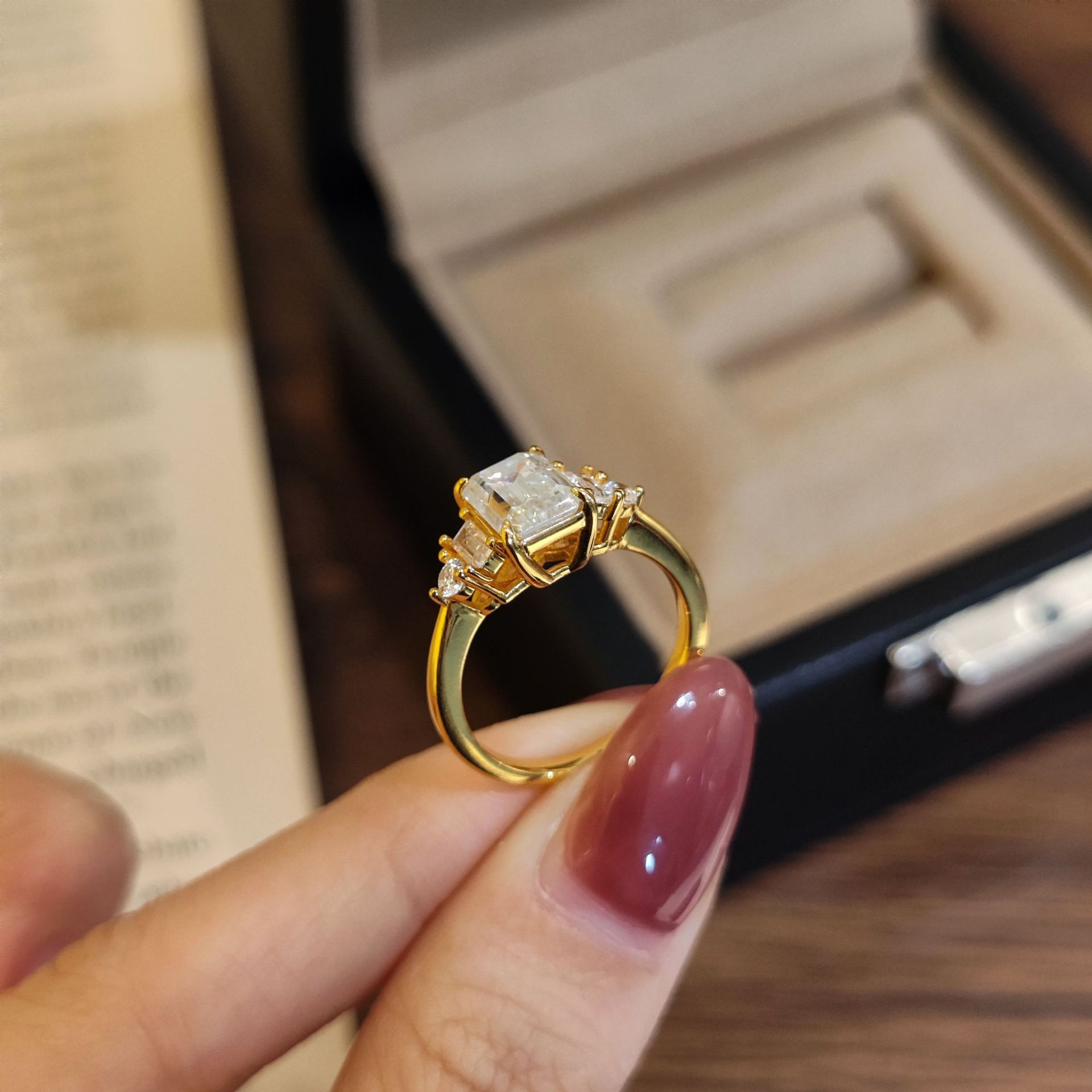 Emerald-Cut Five-Stone Yellow Gold Moissanite Ring - Image 3