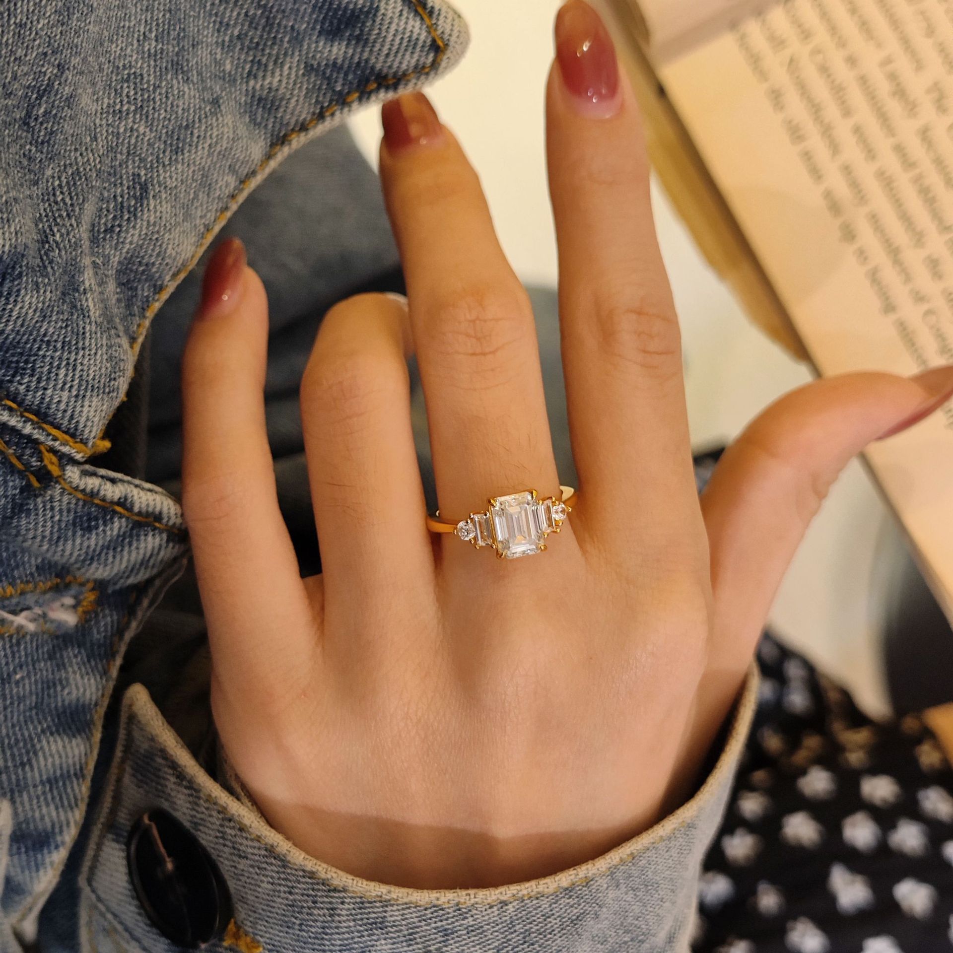 Emerald-Cut Five-Stone Yellow Gold Moissanite Ring - Image 4