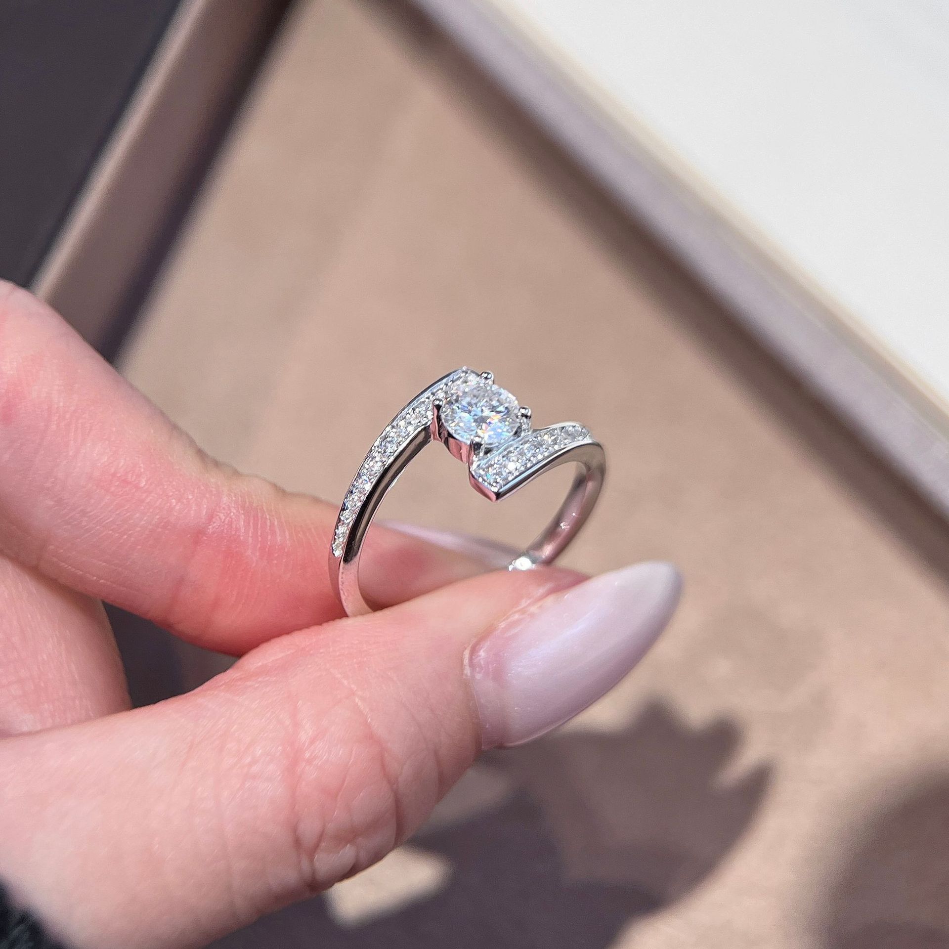 Round Moissanite Bypass Pave Ring - Image 6