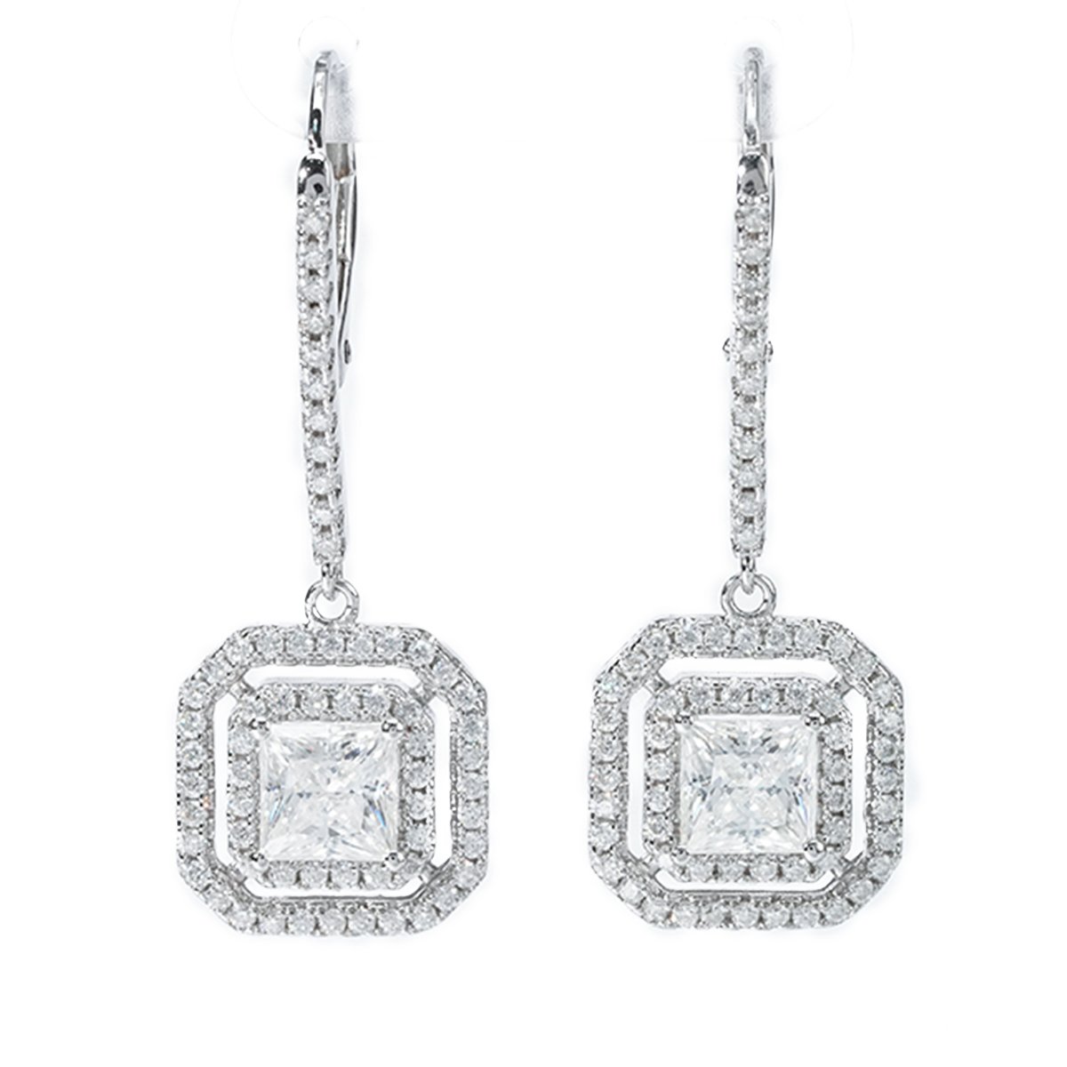 Double-Halo Princess-Cut Moissanite Drop Earrings