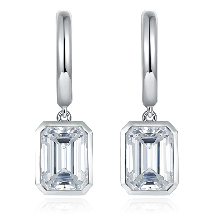 Emerald-Cut Bezel Moissanite Huggie Drop Earrings