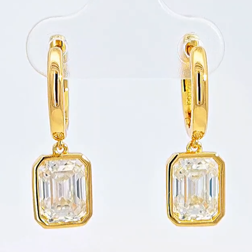 Emerald-Cut Bezel Moissanite Huggie Drop Earrings - Image 4