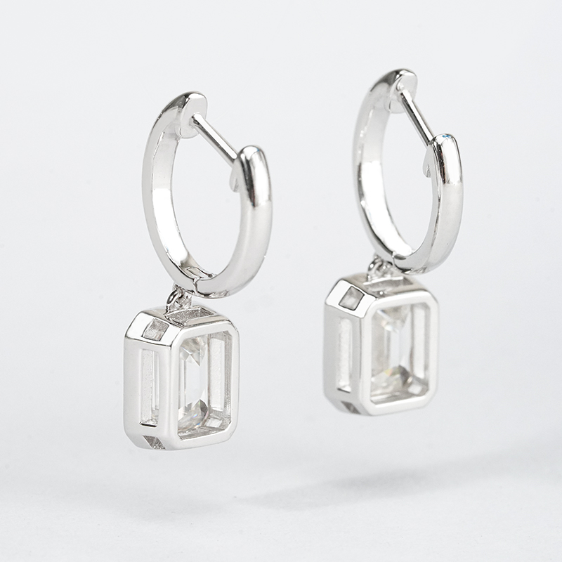 Emerald-Cut Bezel Moissanite Huggie Drop Earrings - Image 7