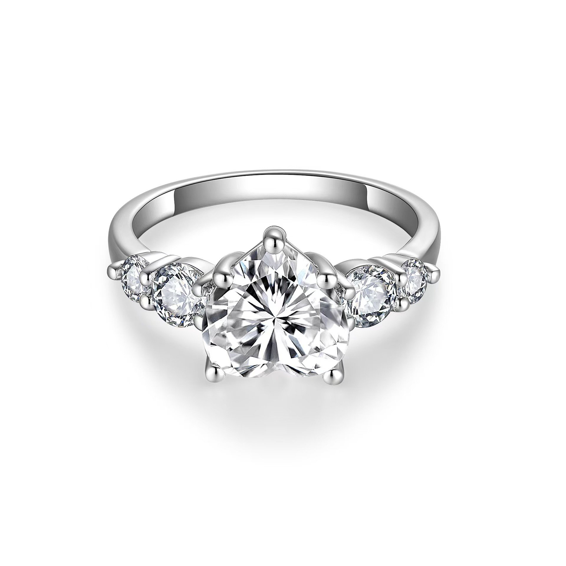 Heart-Cut Five-Stone Moissanite Ring | 3.0 DEW Heart Center | 925 Silver