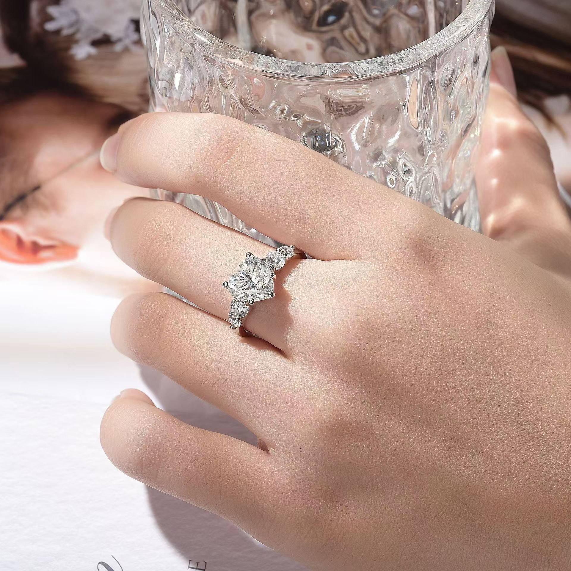 Heart-Cut Five-Stone Moissanite Ring | 3.0 DEW Heart Center | 925 Silver - Image 3