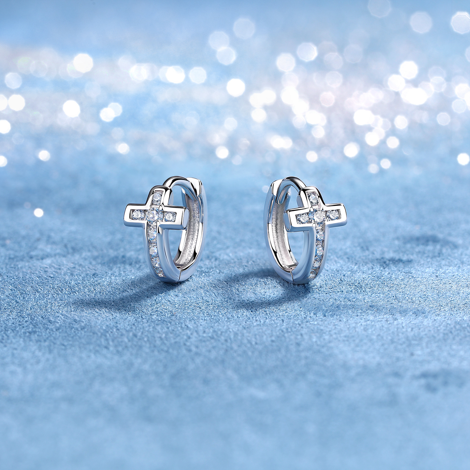 Moissanite Cross Huggie Hoop Earrings - Image 3