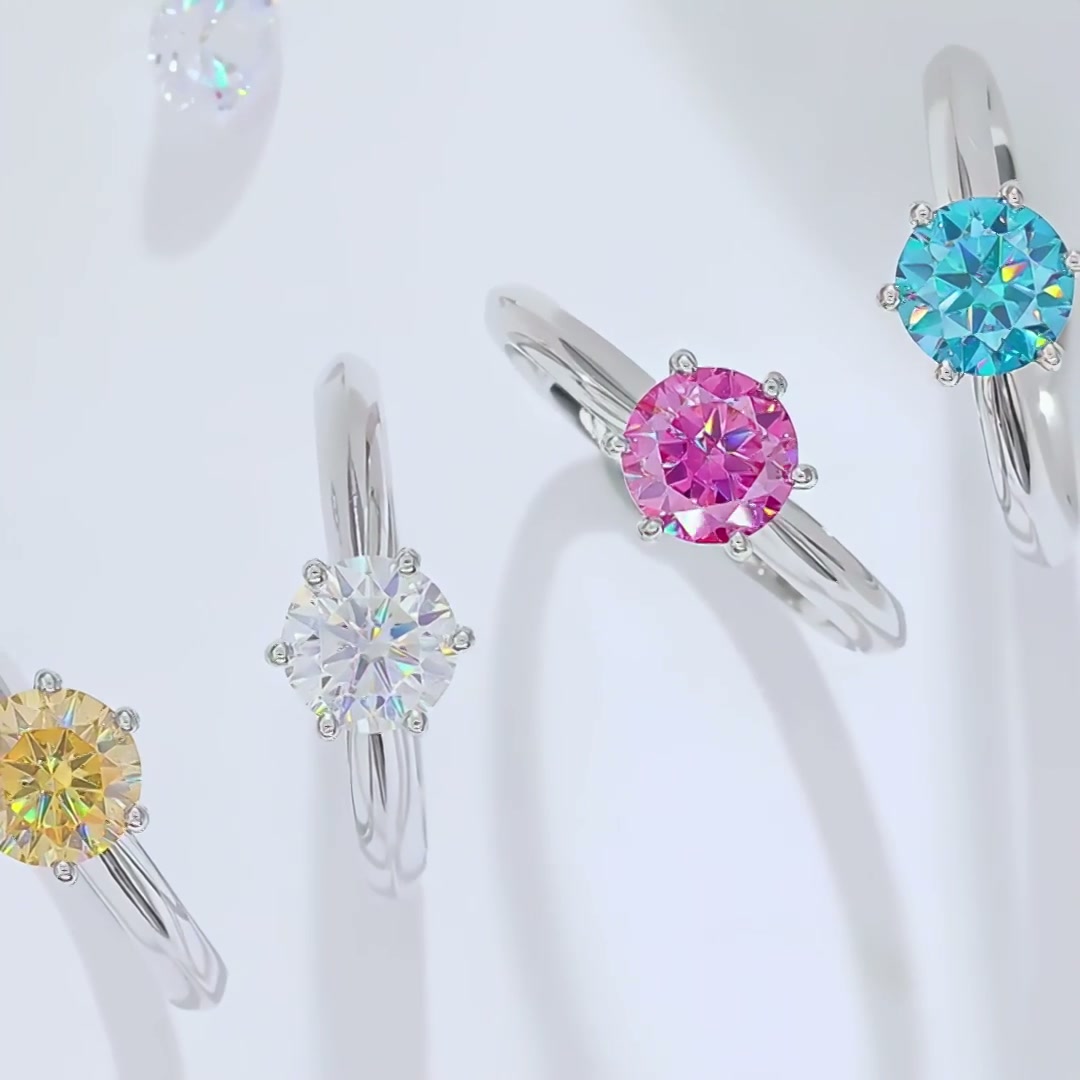 Classic Solitaire Moissanite Engagement Ring, 925 Silver Tiffany-Style product video thumbnail