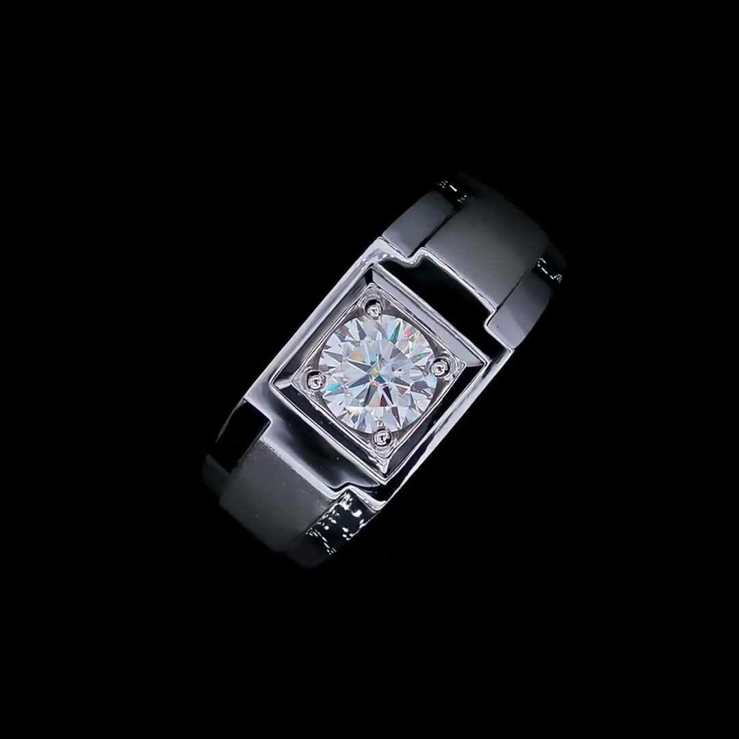Men's Round Moissanite Ring | 1 Carat Solitaire 925 Sterling Silver Wedding Band product video thumbnail