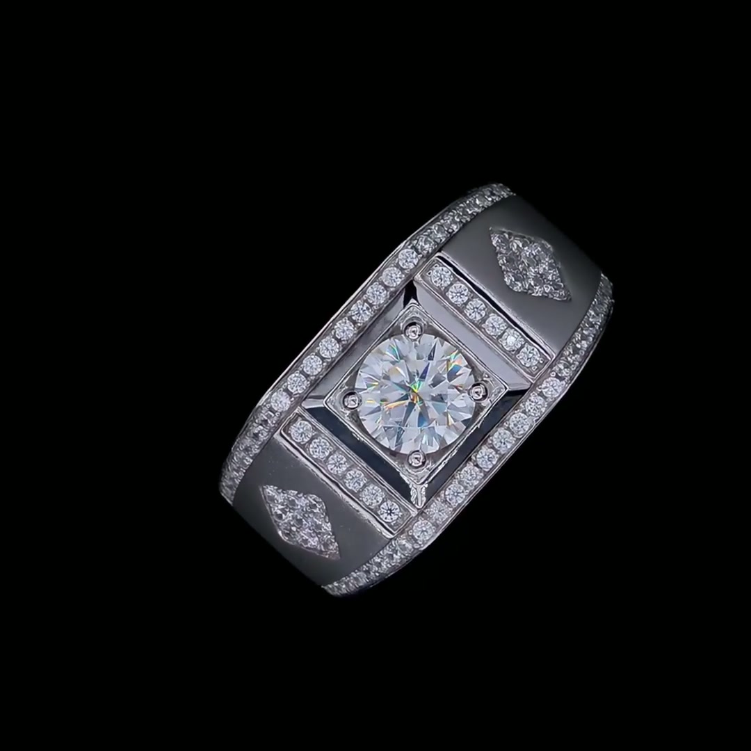 Men's Moissanite Engagement Ring | 1 Carat Round Cut | 925 Sterling Silver Retro Band product video thumbnail