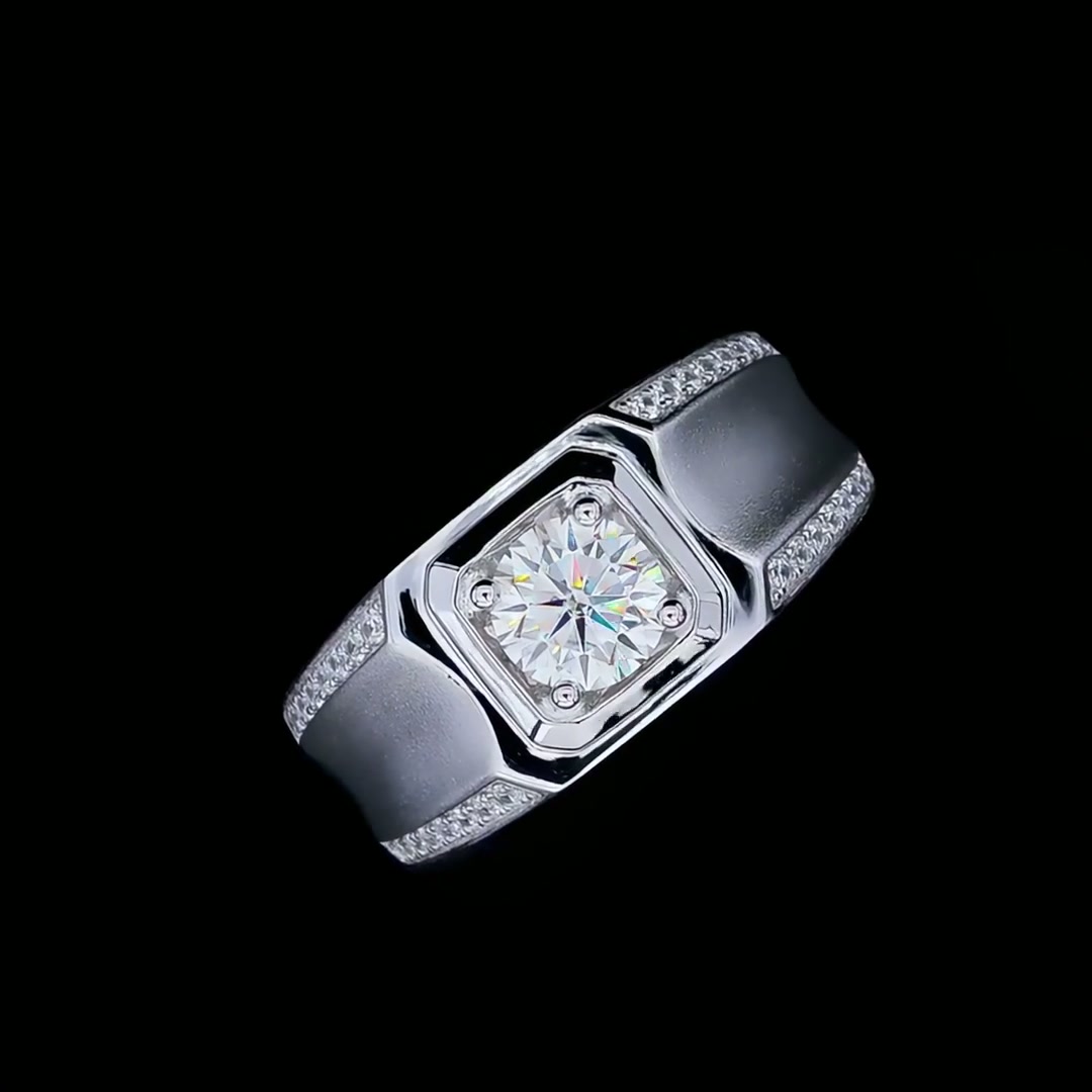 Men's Vintage Moissanite Ring | 1ct Round Cut Geometric 925 Sterling Silver Band product video thumbnail
