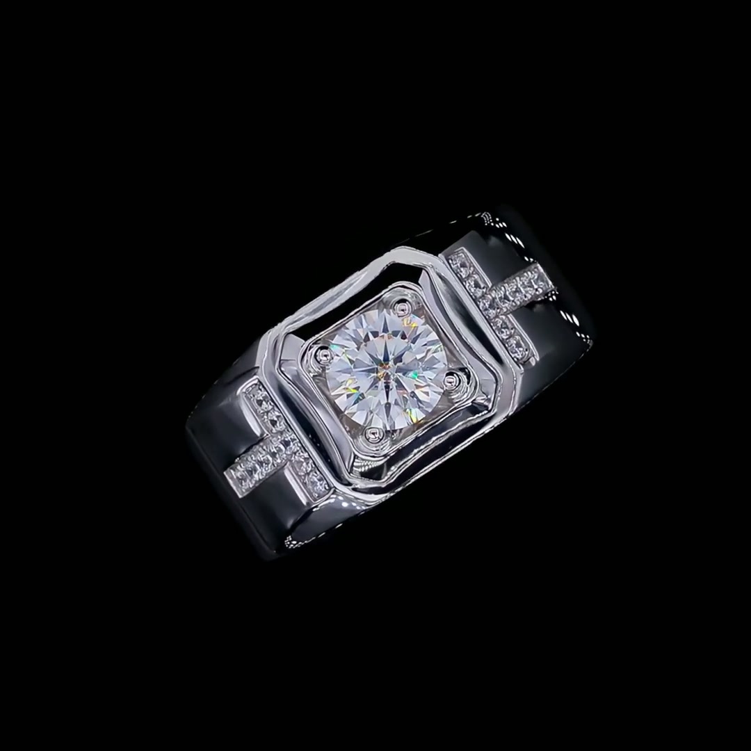 Men's Geometric Moissanite Ring | 1CT D-Color Round Cut Sterling Silver Retro Band product video thumbnail