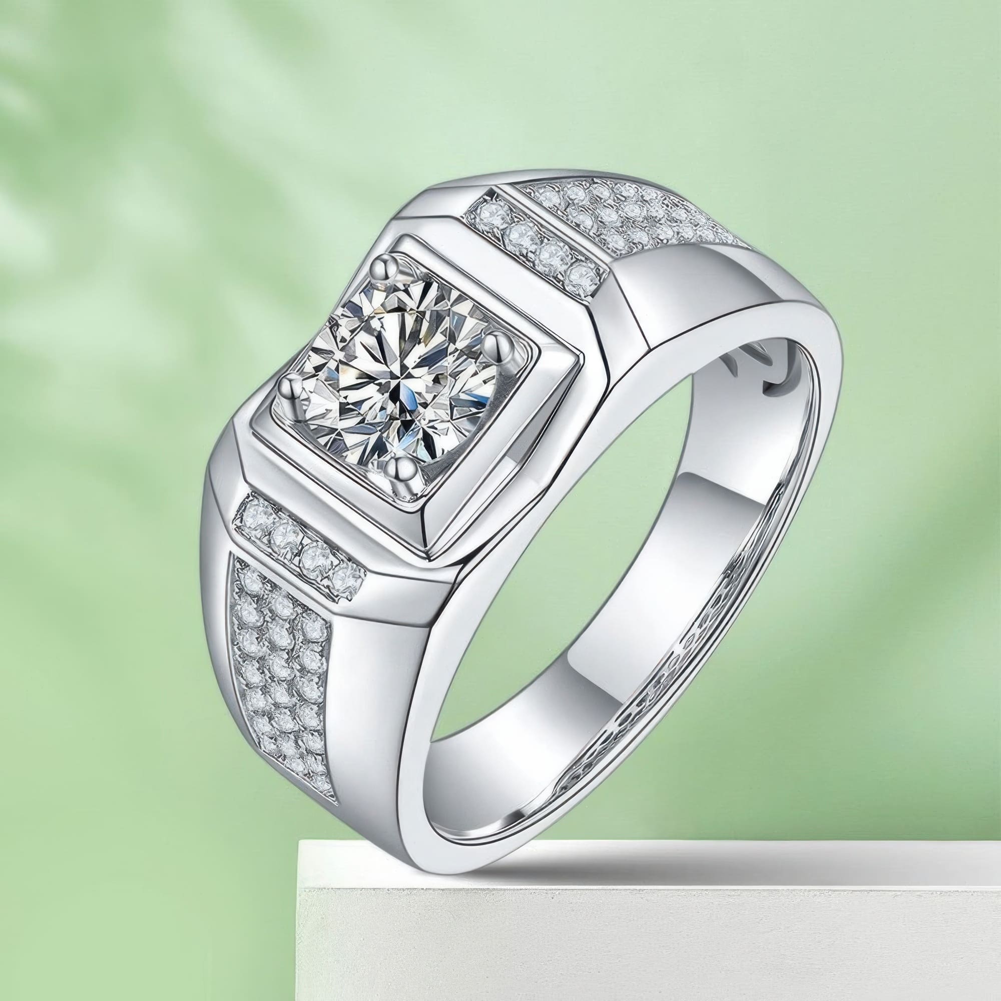 Vintage Mens Moissanite Ring | 1CT Round Cut Geometric 925 Sterling Silver Band - Image 5