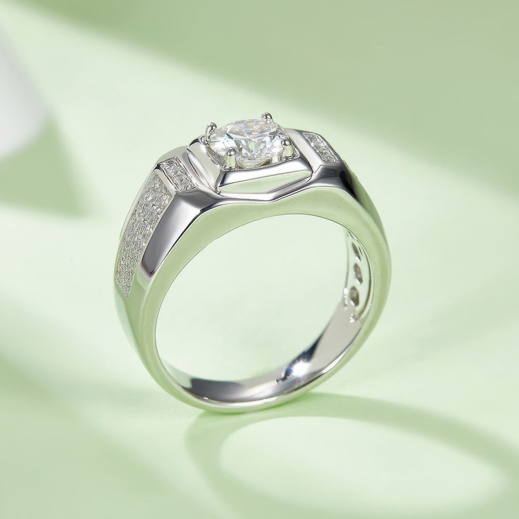Vintage Mens Moissanite Ring | 1CT Round Cut Geometric 925 Sterling Silver Band - Image 4