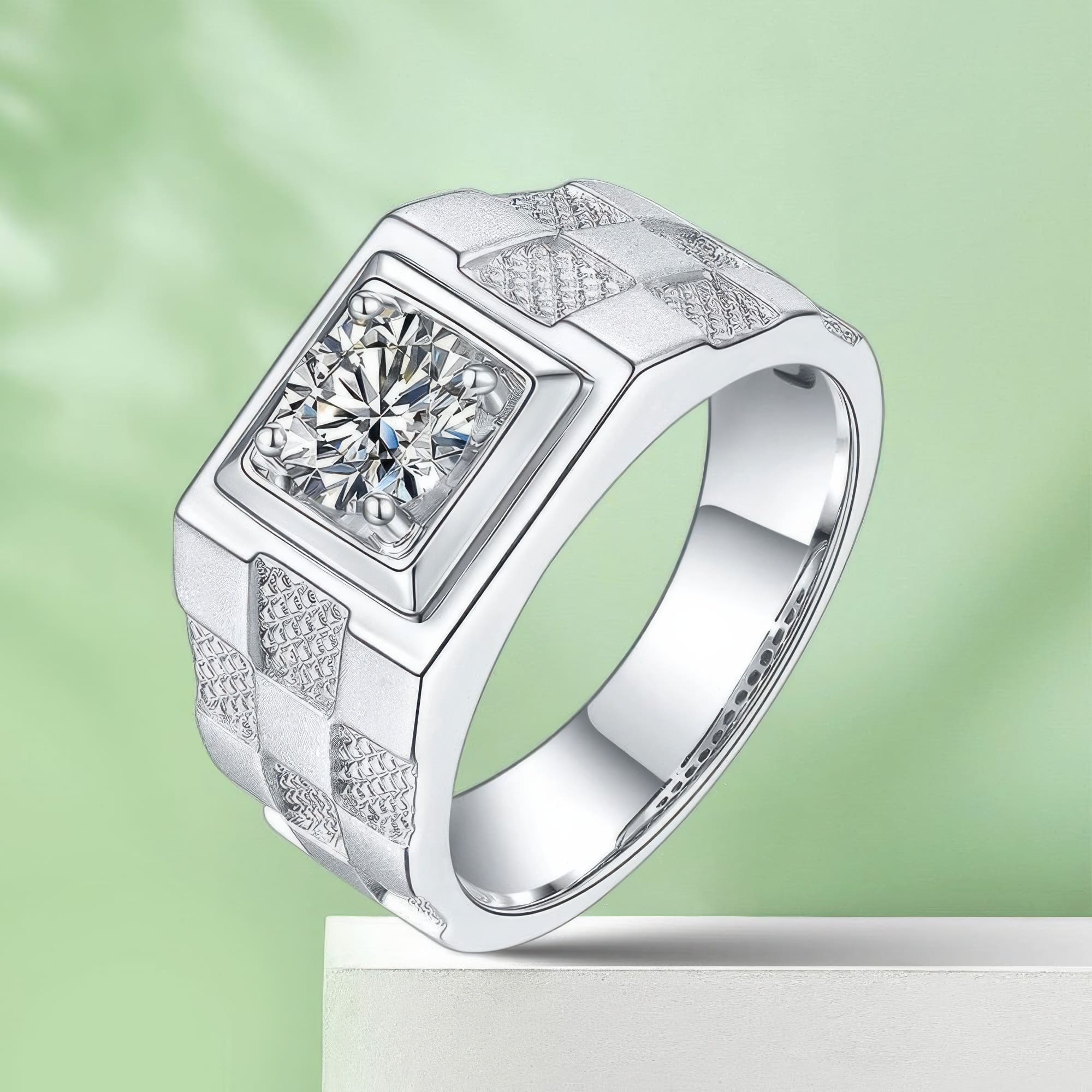 Geometric Moissanite Ring | 925 Sterling Silver Men's Band | 1CT Round - Image 5