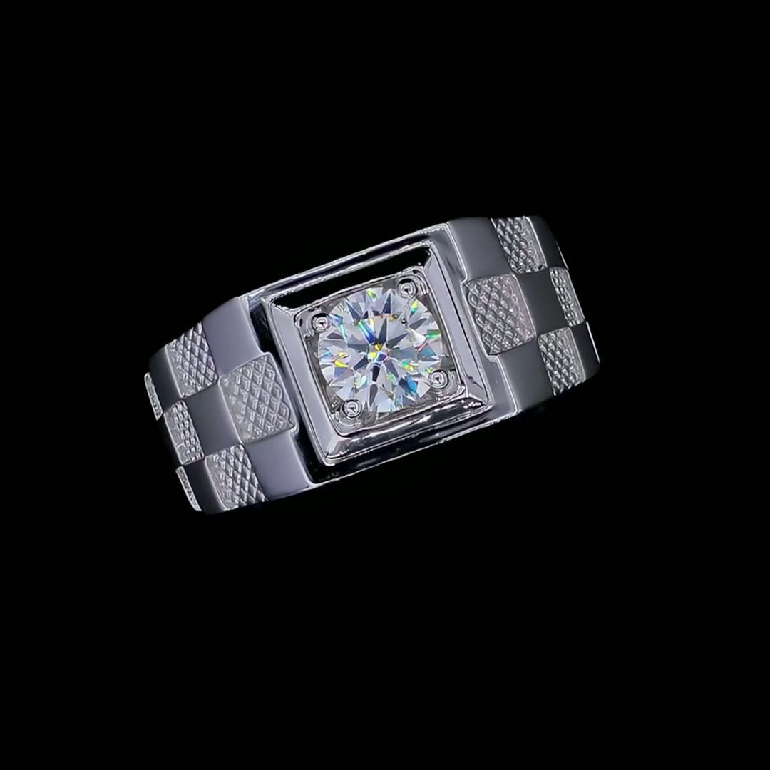 Geometric Moissanite Ring | 925 Sterling Silver Men's Band | 1CT Round product video thumbnail