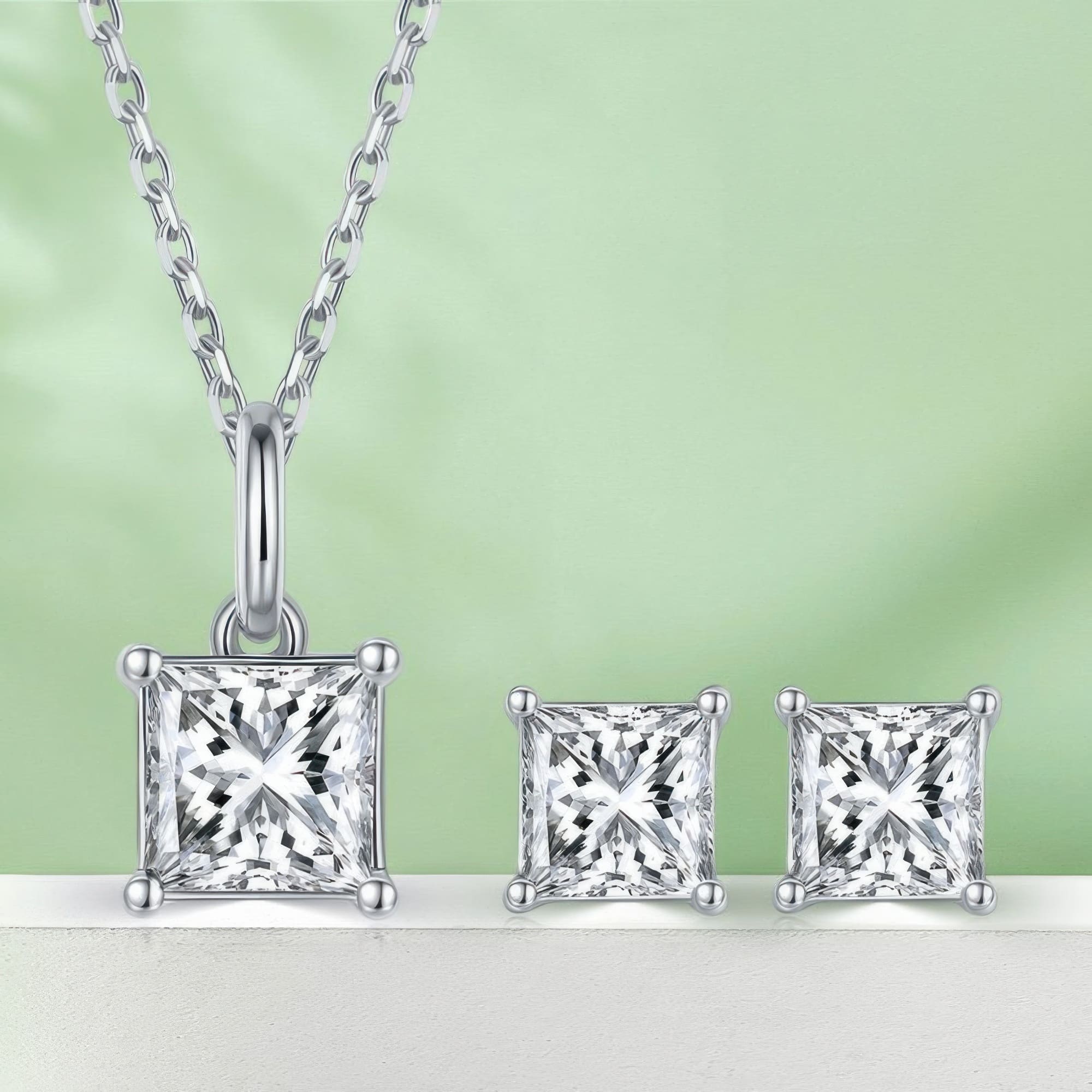 925 Silver Square Moissanite Jewelry Set | Modern Geometric Pendant Necklace & Stud Earrings - Image 7