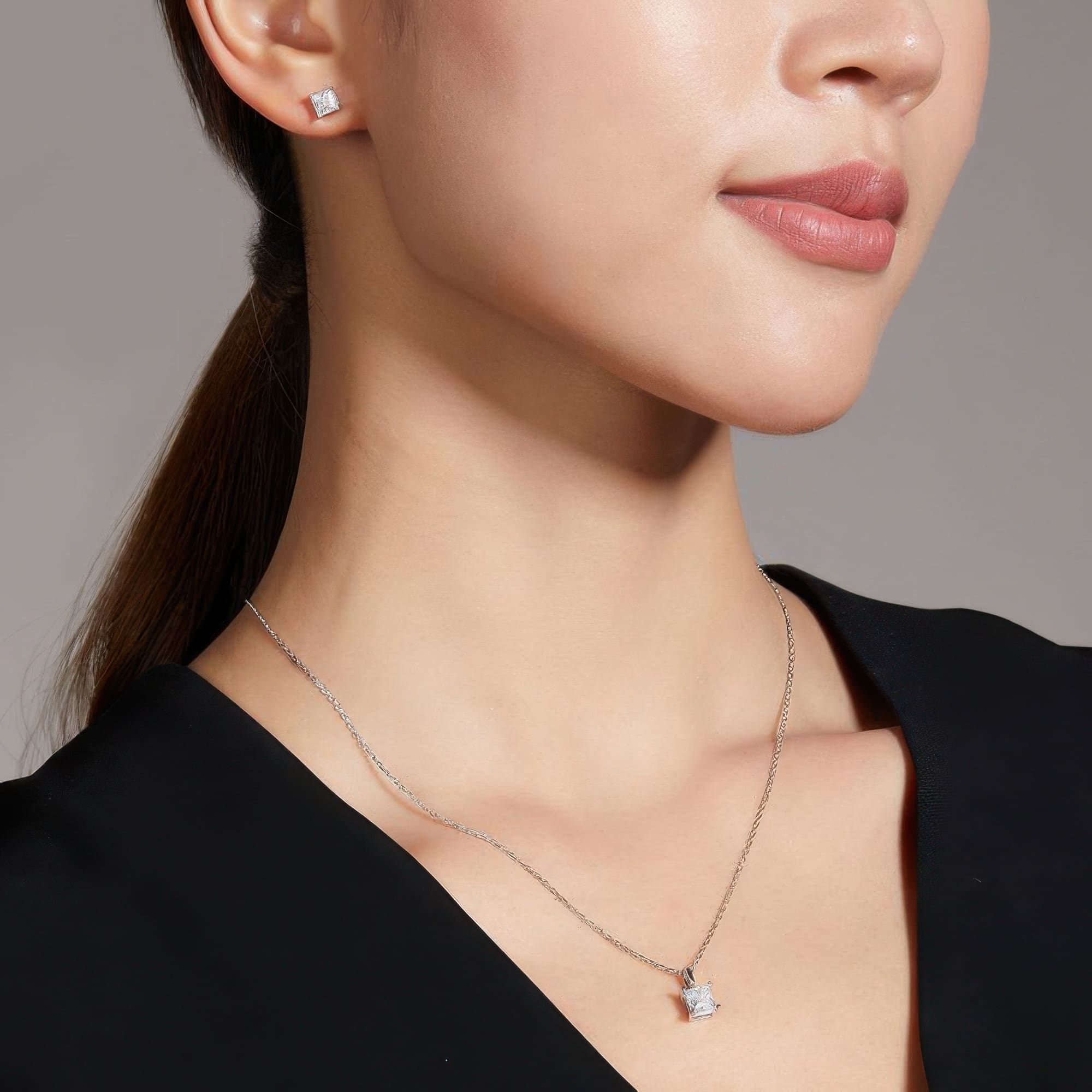 925 Silver Square Moissanite Jewelry Set | Modern Geometric Pendant Necklace & Stud Earrings - Image 2