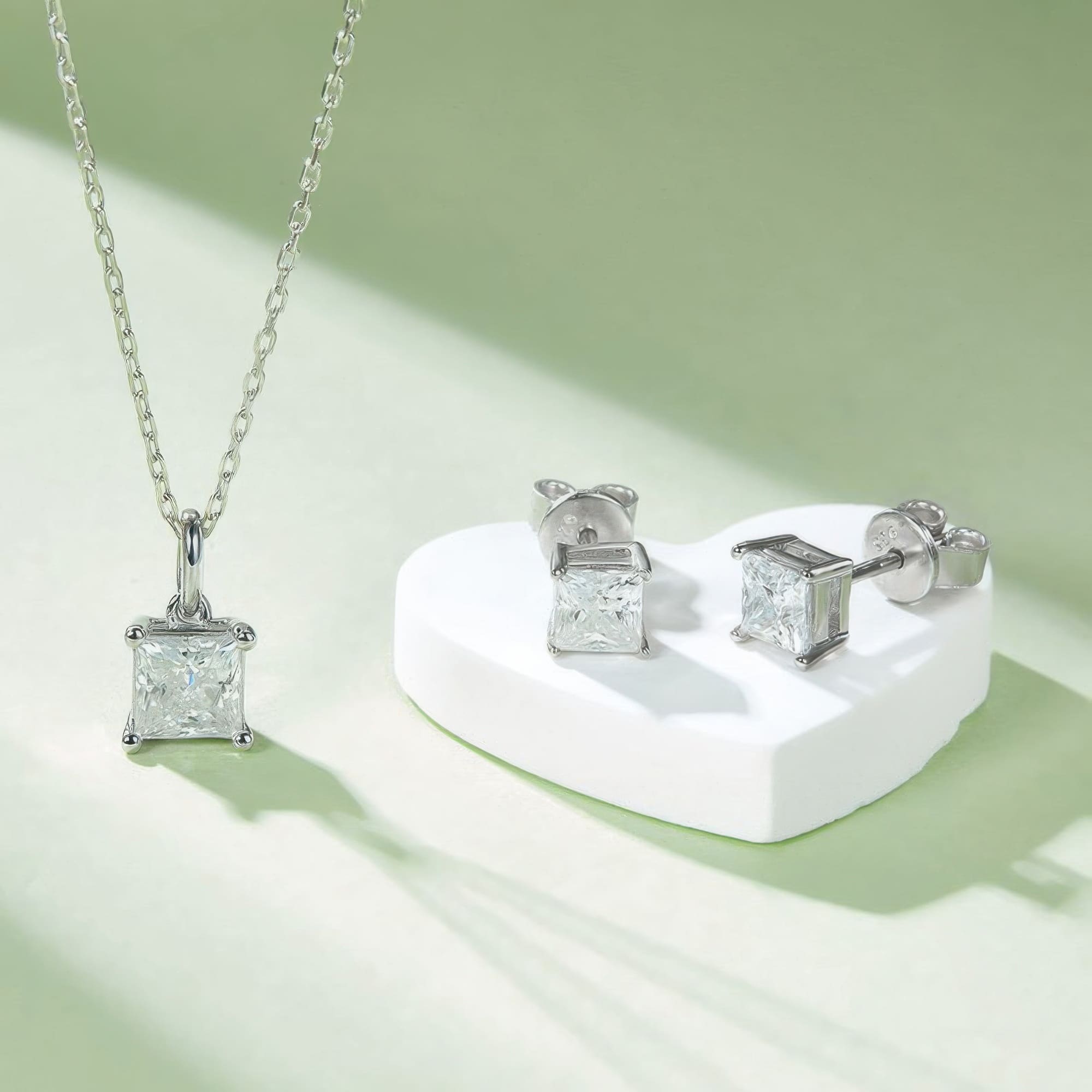 925 Silver Square Moissanite Jewelry Set | Modern Geometric Pendant Necklace & Stud Earrings - Image 3