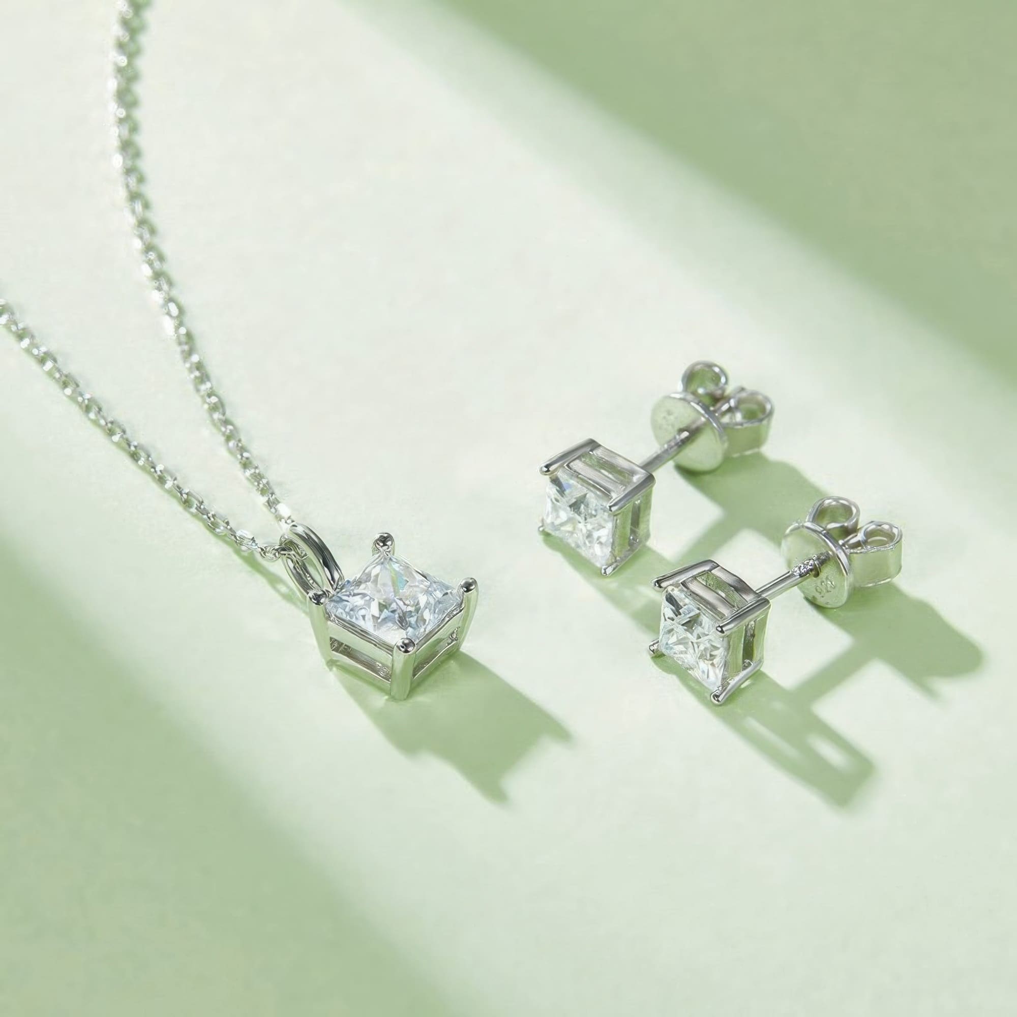 925 Silver Square Moissanite Jewelry Set | Modern Geometric Pendant Necklace & Stud Earrings - Image 4