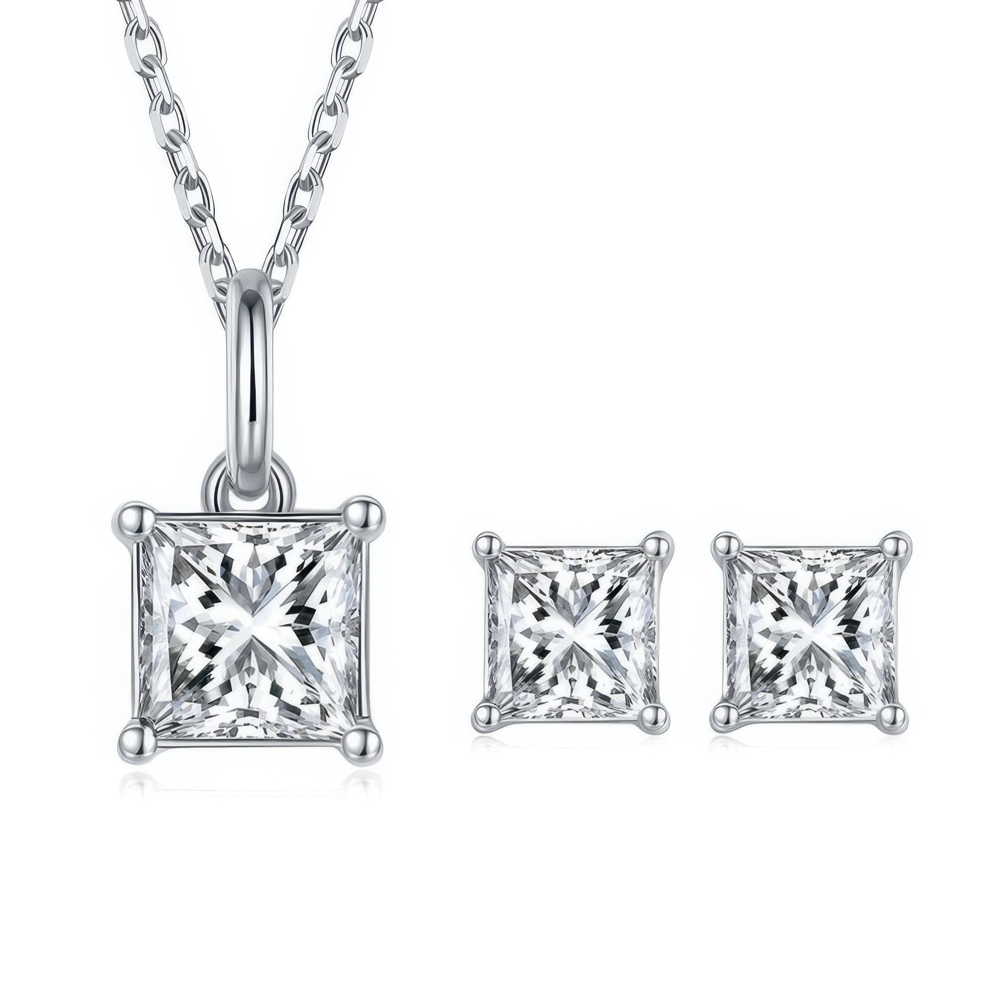 925 Silver Square Moissanite Jewelry Set | Modern Geometric Pendant Necklace & Stud Earrings