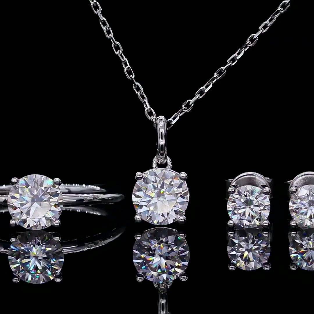 Modern Round Moissanite Necklace Earrings Set | 925 Sterling Silver Geometric Jewelry Set product video thumbnail