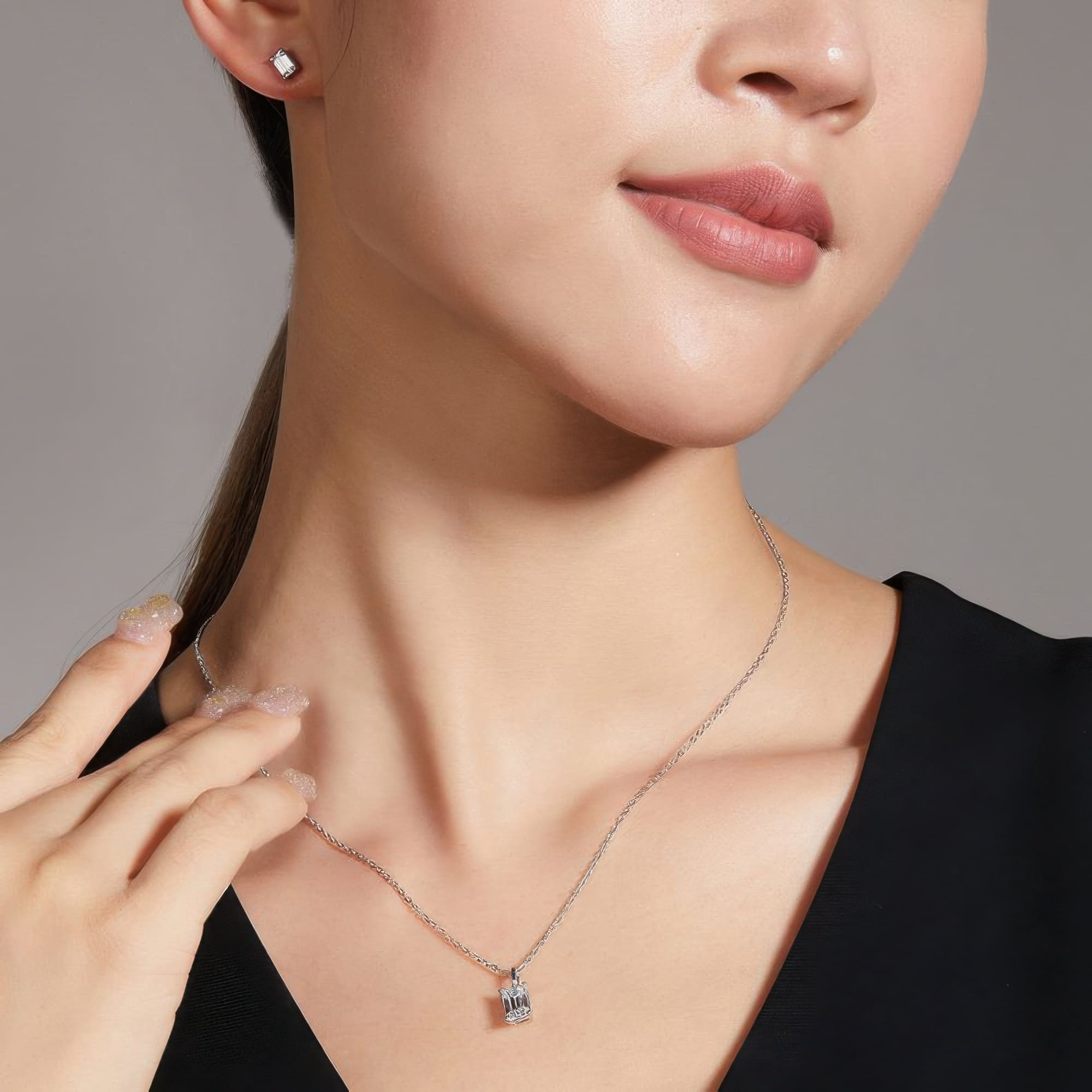 Rectangle Moissanite Jewelry Set | Modern Geometric Necklace & Earrings Set 925 Silver - Image 2